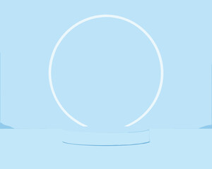 Minimalist display with a white circular frame and light blue background