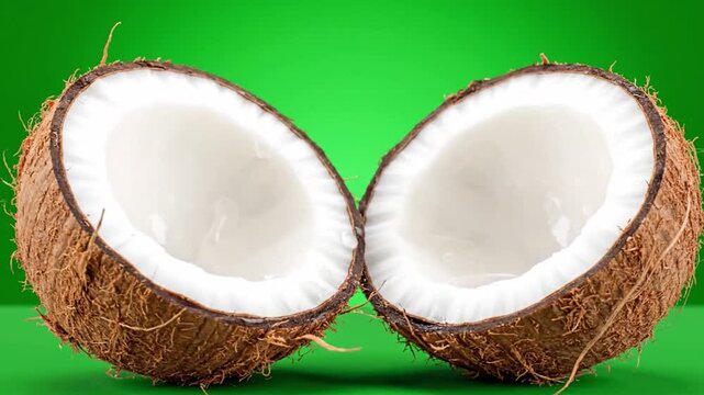 Freshly cut coconut on green background
