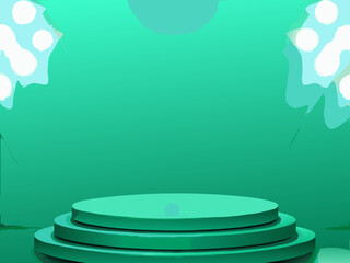 Minimalist green stage with a circular platform and soft lighting effects