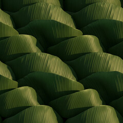 Fototapeta premium green banana leaves background creating a wavy textured pattern naturally lit for tropical design eco-friendly branding and wellness concepts