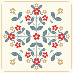 Nordic Folk Symmetrical Arrangement. Traditional Scandinavian Ornament with Floral Motifs. Vector illustration.