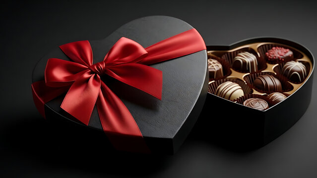 Sophisticated heart-shaped chocolate box with elegant red satin bow, filled with gourmet truffles on dark background - Powered by Adobe