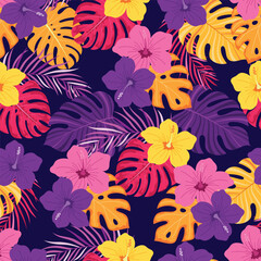 pattern with hibiscus flowers and palm leaves