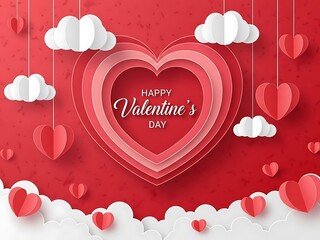 Festive valentine's day background with paper hearts and fluffy white clouds on red