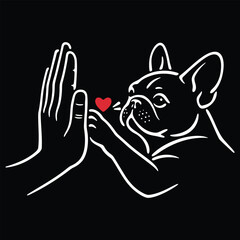 Cute French Bulldog High Five Line Art Illustration with Heart on Black Background