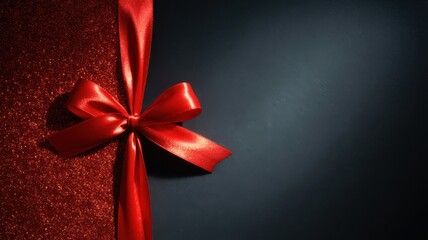 Beautiful red gift box with ribbon on dark background
