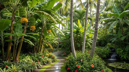 Tropical Forest Path with Lush Greenery and Flowers.