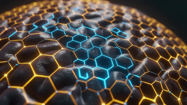 NEUROGRID Luminous Hexagonal Network on an Abstract Brain Interface Surface