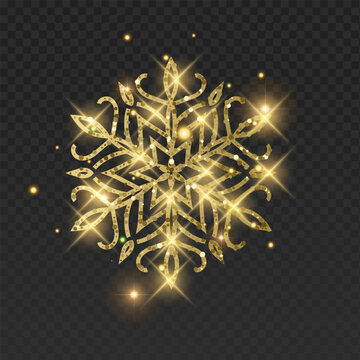 Ornate golden vector snowflake with a luxurious glitter texture and elegant filigree patterns. This detailed winter crystal is decorated with glowing sparks, bright lens flares, and magical golden dus