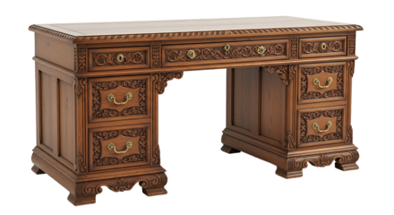 Ornate Antique Wooden Desk with Intricate Carvings.