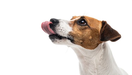 Adorable Jack Russell Terrier Licking Nose on White Background.