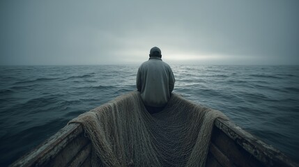 Fisherman sitting on boat bow at sea. Back view of a person in jacket and cap on a wooden fishing boat with large net spread in front, open ocean and foggy sky on horizon; commercial fishing.