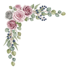 Elegant botanical watercolor corner border with roses and eucalyptus in sage and navy isolated on white background.png