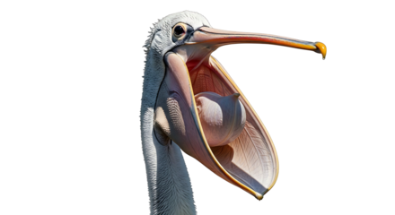 Pelican with open beak on white background.