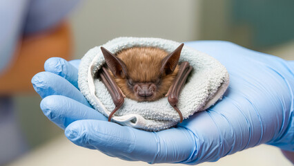 A close-up of a bat (Pipistrelles pipistrelle) carefully wrapped in a light-colored towel for examination. A person wearing a blue medical glove holds the animal in the palm of their hand. The image s