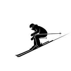 Skier in Motion on Slopes Downhill.