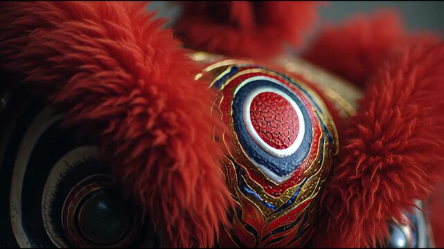 Close-up of a vibrant red lion dance head with intricate designs and patterns on a blurred background.