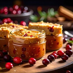 Jars of spread with fruit, cookies, and berries on a wooden board