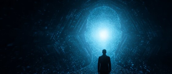 Person facing glowing digital AI head interface