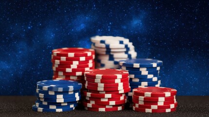 Stacks of red and blue poker chips against a starry background, symbolizing gambling and excitement in a vibrant, cosmic setting.