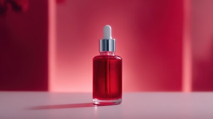 A sleek glass dropper bottle filled with vibrant red liquid, set against a softly lit pink background, showcasing a modern, minimalist design.