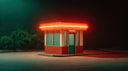 A solitary illuminated booth stands in a dark, empty area, surrounded by greenery, exuding a retro vibe with its bright red neon lights.