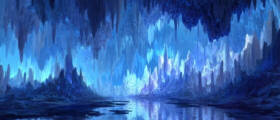 Glowing blue ice cave with reflective surface