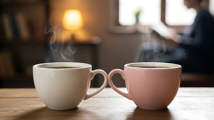 Fototapeta premium Romantic cozy morning with two steaming coffee mugs featuring heart-shaped handles on a rustic wooden table.