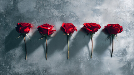 Five Red Roses on Gray Background: Romantic Flowers, Valentine's Day, Love, Floral Arrangement, Close-Up