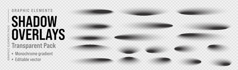 Fototapeta na wymiar Drop shadow effect set for oval circle box object floor vector collection. Soft gradient round background with dark border and abstract wall page card. Realistic 3d shape on transparent overlay.