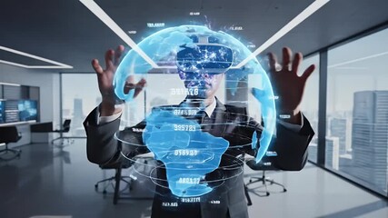 Businessman using futuristic augmented reality interface to analyze financial data and market trends in a modern office setting showcasing innovation and digital transformation - Powered by Adobe