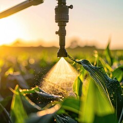 Sprayer releasing mist over crop field at sunset; backlit