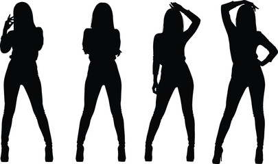 Vector silhouette of four confident women posing, fashion illustration with bold stances, perfect for style, empowerment, modeling, and creative design projects.