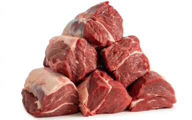 Fresh raw beef chunks stacked on white background