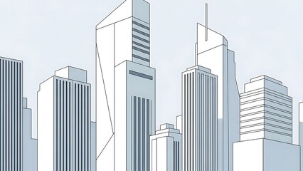 Modern City Skyline Background with Minimalist Skyscraper Architecture in Flat Line Art Style