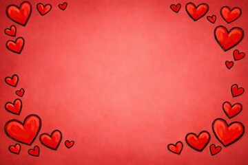 A red festive background with hand-drawn heart shapes forming a decorative frame and a blank space in the center for text or romantic messages. Valentine's Day