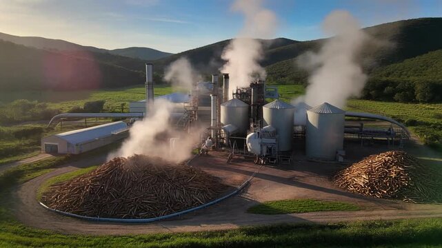 Industrial wood processing facility with large stacked timber piles and steam vents amid green hills