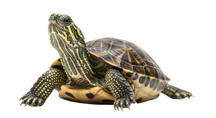 Small turtle with a striped neck and patterned shell isolated on a white background looking up.