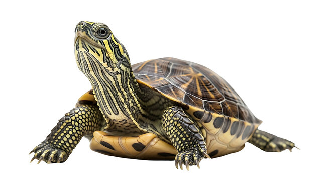 Small turtle with a striped neck and patterned shell isolated on a white background looking up.
