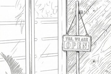  line drawing of a yes we're open sign , vintage restaurant sign , Open sign in street cafe
