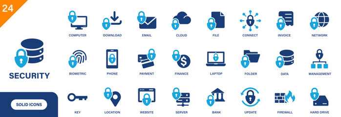 Security icon. Including cloud, lock, computer, safety, cybersecurity, privacy. Solid vector icon set.