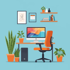 Fototapeta premium Modern Home Office Setup with Computer, Plants, and Shelves