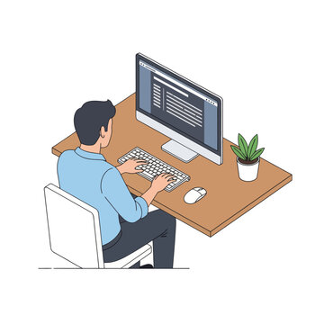 Man typing on computer at desk, coding, remote work, office illustration