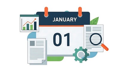 January Goal Setting Concept with Winding Road Path to Success and Bullseye Target Strategy