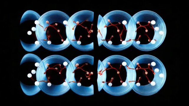 Atomic Structure Visualization: A dynamic and artistic representation of atomic structure unfolds, revealing the intricate dance of particles within a series of interconnected spheres.