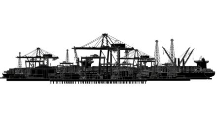 massive pure black industrial port and shipyard silhouette with detailed gantry cranes and containers against a brilliant white void, emphasizing technical precision. concept of complex engineering