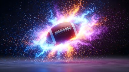 Dynamic football surrounded by vibrant glowing energy particles and colorful light flow on a dark abstract background, symbolizing power and speed