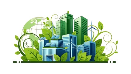 Eco-Friendly Green City Concept with Sustainable Buildings, Wind Turbines, and Solar Panels Integrated with Nature