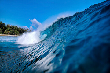 Powerful ocean wave curling under sky, palm silhouettes on horizon, translucent turquoise barrel breaking