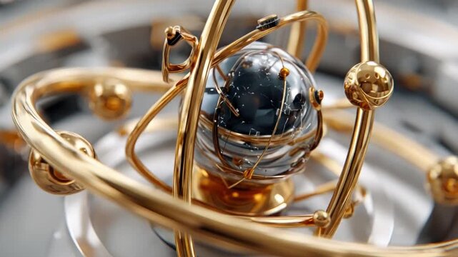 Celestial Spheres of Science: A captivating depiction of the cosmos, presented as a delicate assembly of interconnected spheres. Metallic gold frames, encircling a central glass globe.